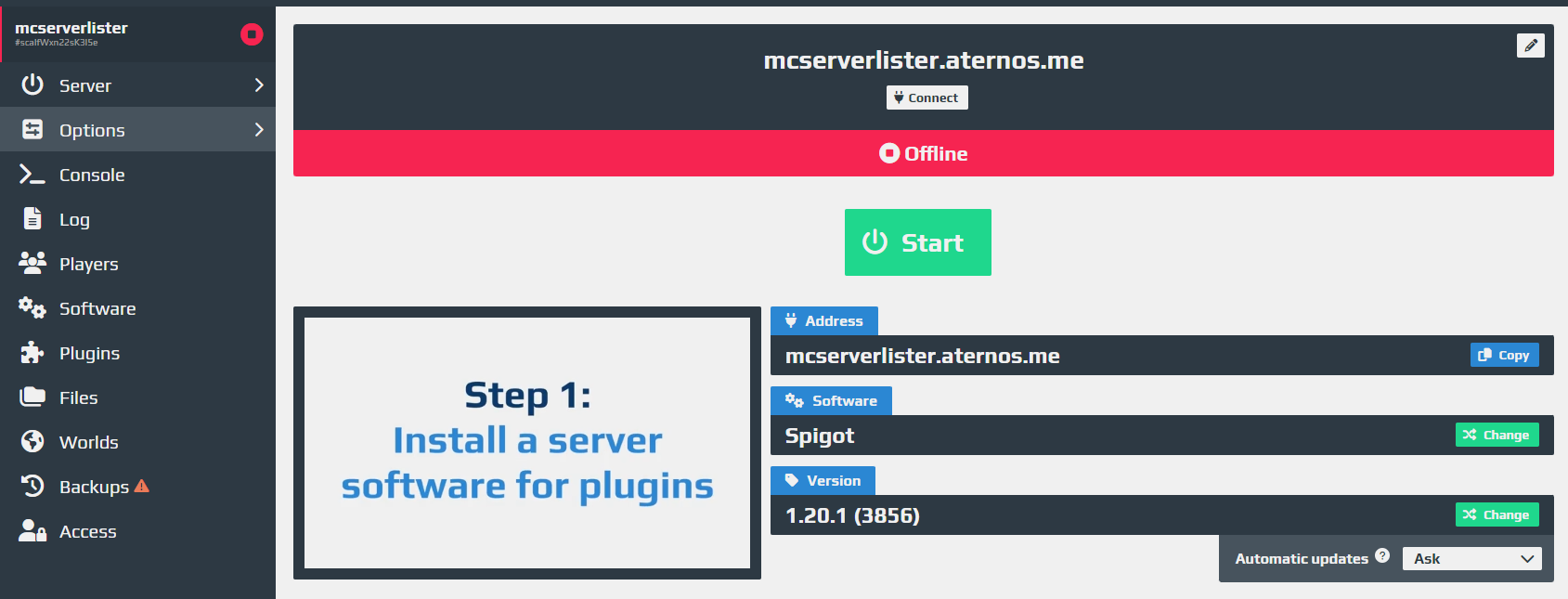 Aternos Minecraft Server control panel